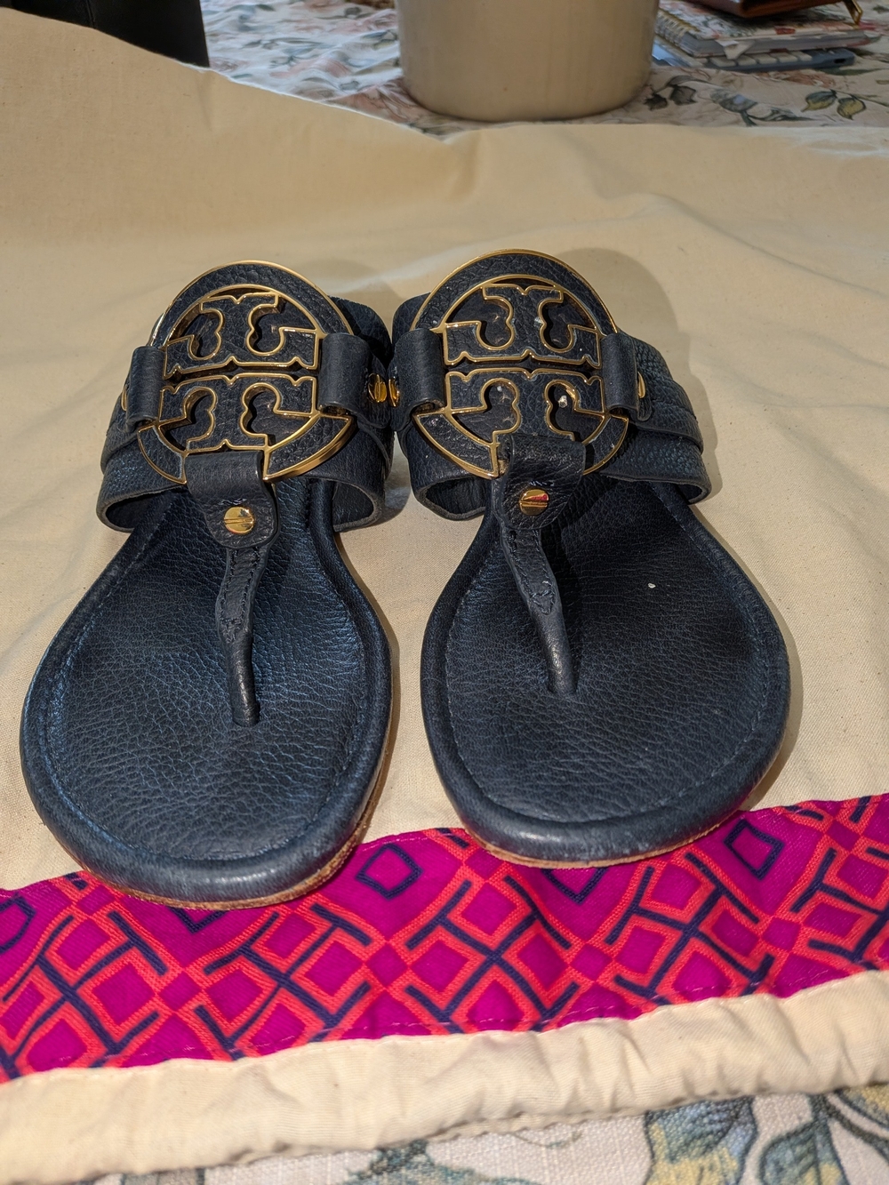 Tory Burch Navy Miller Amanda Sandals with Gold Logo